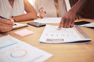 Image showing Hands of advertising or marketing logistics team with chart working in collaboration, business meeting planning or strategy. Teamwork, data and document for accounting, banking and coaching in office