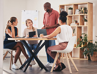 Image showing Teamwork, meeting and coaching of corporate people brainstorming and planning at a workshop. Diversity, training or strategy start up business workers in conversation or communication of ideas.