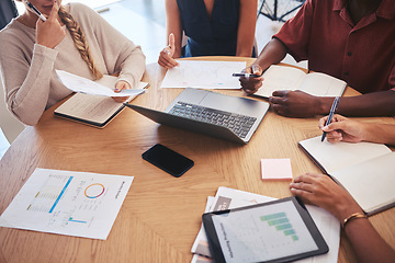 Image showing Finance, laptop and chart with a team working in collaboration during a meeting for planning, strategy and analysis. Teamwork, tablet and document for accounting, banking and management in the office