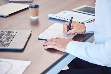 Image showing Writing, notebook and planning with a business man working at his desk in the office and taking notes. Strategy, schedule and diary with a male employee using his personal planner for an appointment