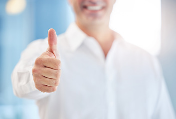 Image showing Thumbs up, thank you and yes with happy, smile and winner sign of professional businessman. Success, vote and good news with closeup of male hand in agreement, goal review and motivation