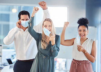 Image showing Business people, covid or taking off face mask in teamwork success after lockdown or global pandemic disease. Compliance portrait of happy, cheering or office diversity celebration for man and women