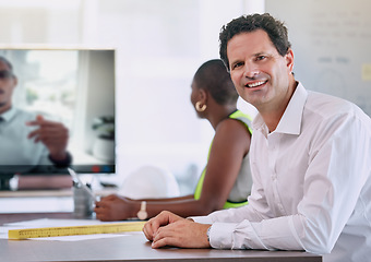 Image showing Architect, engineer and man in virtual video call meeting, and office boardroom for online seminar, workshop and business planning. Portrait of mature, happy and smile designer in design team webinar