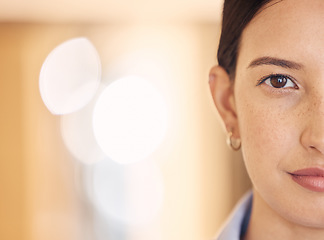 Image showing Half face, power and woman or model, serious and vision for success over bokeh background. Portrait of a female facial in wellness in feminine voice protest, empowerment and courage or focused.