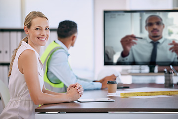 Image showing Architect, engineer and woman in virtual video call meeting in office boardroom for remote seminar, workshop and business planning. Portrait of mature, happy and smile manager connect to team webinar