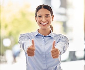 Image showing Thumbs up emoji for motivation, success and praise for support, luck and thanks. Portrait of happy, smile and excited business woman, winner and worker with goal, yes feedback and trust for good news