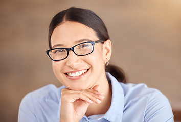 Image showing Happy, success and woman with glasses and smile in happiness with a vision, plan and positive attitude. Portrait of a young, beautiful and smart female proud, confident and smiling about her career