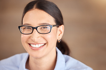 Image showing Face, eyes and vision with a woman with glasses with a smile while looking happy, carefree and positive. Prescription eyewear for eyesight to see at the optometrist against a blurred background