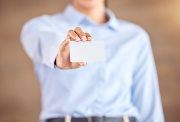 Image showing Business card mockup, hand and advertising for corporate information and company marketing at work. Hands offering blank board for market brand, logo and design on professional cards for clients