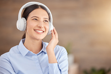 Image showing Headphone, happy girl and music or podcast online streaming to relax at work, office or startup company. Business woman, employee listening to relaxing song or audio books for stress while on break