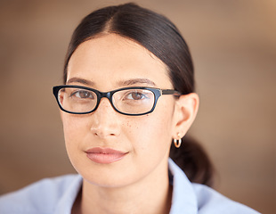 Image showing Vision, goal and leadership woman in glasses looking confident for career motivation or job management. Insurance, trust and care of optometrist, specialist or expert with eyewear experience portrait