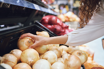 Image showing Vegetables, grocery shopping and health while a customer choose fresh onions in supermarket or greengrocer store. Close up hands of woman buying vegan food groceries before inflation at retail market