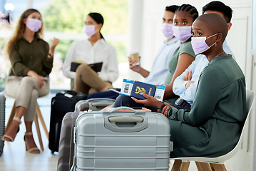 Image showing Travel, passport and covid compliance people with mask at airport for safety from corona virus traveling business class. Business people in global inclusivity with airplane ticket and luggage