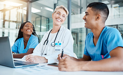 Image showing Doctor, nurses and laptop meeting with and medical lab data for idea innovation in medicine research at hospital clinic. Smile, happy and motivation healthcare teamwork planning surgery for insurance