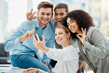 Image showing Teamwork, emoji hands and business people selfie with a smartphone for social media content of happy, diversity and trendy staff. Young digital marketing workers in a group collaboration portrait