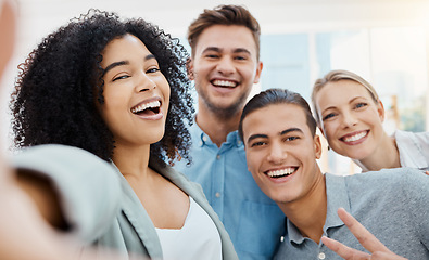 Image showing Fun, diversity and happy business people selfie for office team, company designer or global startup for about us social media website. Portrait of smile, motivation or energy workers of men and women