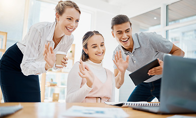 Image showing Laptop webinar, video conference and waving team for workshop training, business meeting or global zoom in office. Happy, smile or motivation from greeting people on technology tradeshow presentation