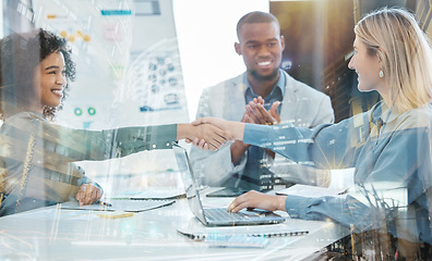 Image showing Business meeting, women and handshake together after onboarding negotiation and deal discussion. Corporate worker and professional hand gesture for thank you or welcome person to team and company.