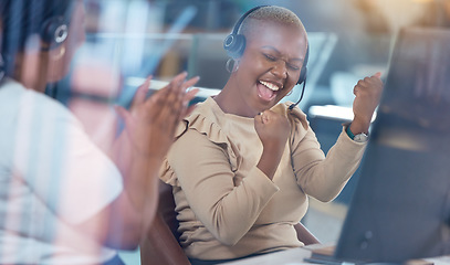 Image showing Call center, black woman and celebrating promotion or success in customer service at the workplace. Happy telemarketing agent or employee celebrate win or victory for best desktop support in office.