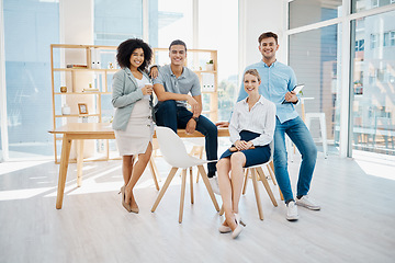 Image showing Teamwork, collaboration and business people happy working in corporate, digital agency or office building. Business meeting, innovation and communication with digital marketing or advertising company