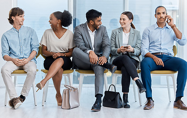 Image showing Business communication, team conversation and talking of corporate staff waiting for an interview. Happy discussion of office workers on lunch relax before a job recruitment and hiring opportunity