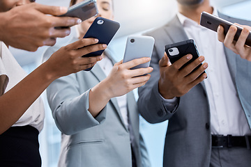 Image showing Digital, phone and wifi by tech business people connected via the internet using an online app. Various, many and lots of devices using a website or the web in a technology company or IT agency