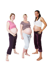 Image showing Portrait of happy pregnant, woman and friends in a group photo over white studio background. Female people in diversity smile with baby bumps or belly standing in happiness to be a mother in mockup.
