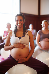 Image showing Pregnant, mother and people at pregnancy yoga class, doing pilates for fitness and workout for healthy body. Happy women doing calm and peaceful sports training for wellbeing and health at gym