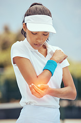 Image showing Tennis woman, elbow pain and abstract injury on sports court in wellness exercise, training and health workout. Fitness stress, burnout and medical emergency or arm accident for athlete in match game