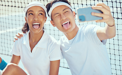 Image showing Tennis team taking funny selfie with phone, comic sports people being crazy training for sport competition on court and collaboration at fitness event. Happy, smile and relax athlete taking photo