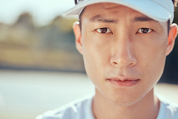 Image showing Sports, tennis and portrait of a sweating man with vision, goal and mission for game, competition or outdoor practice with sunshine. Young asian professional player with a serious or determined face