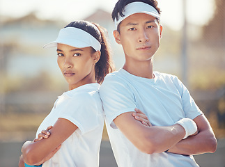 Image showing Tennis team, competitive sport and serious man and woman ready for a game or match on an outdoor court. Fitness with players standing together for collaboration during competition or tournament