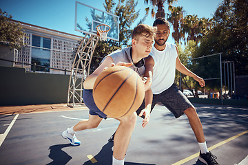 Image showing Basketball, sport and fitness with friends on a sports court outside with an opponent for a game or match. Exercise, training and workout with with a male athlete and his competition for health