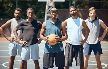 Image showing Portrait of a sports basketball team training for a game on an outdoor professional court. Workout, athletes and healthy group of men preparing with exercise and fitness for match on a playing field.