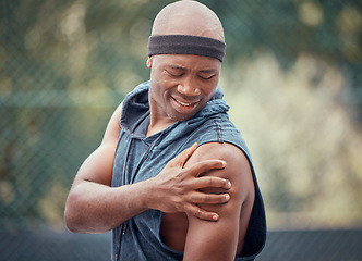 Image showing Sports arm injury, black man massage exercise pain and emergency. First aid on muscle, fitness accident and holding bicep. Frustrated person, tennis ache and athlete stress from outdoor training