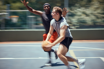 Image showing Fitness, diversity and friends in action on a basketball court training, exercise and playing together in summer. Active, culture and healthy men running in a competitive sports match or game outdoor