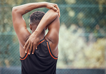 Image showing Sports, exercise and training with a man stretching to warmup for sport or fitness outside. Workout, healthy and performance with a male athlete getting ready to start a workout for health and cardio