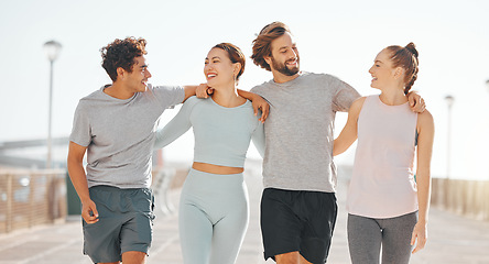 Image showing Fitness, exercise and friends or accountability partners together for wellness and health while walking together outside. Happy men and women on double date for run or training to stay fit and active