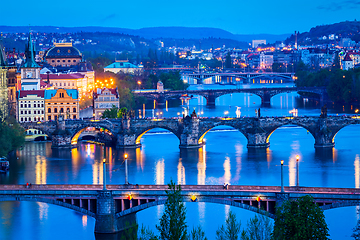 Image showing Panoramic view of Prague bridges over Vltava river