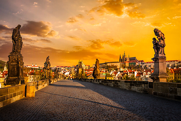 Image showing Charles bridge and Prague castleon sunrise