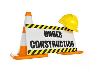 Image showing Yellow hard hat on orange traffic construction