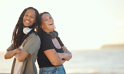 Image showing Summer, beach and headphones of friends listening to music or podcast on a fun holiday or vacation by ocean or sea with sunshine and sky mockup. Friendship, fun and happy people with an online audio