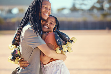 Image showing Health, exercise and friends roller skating, hug and bonding at a skate park, happy and cheerful. Black woman and trendy man sharing a sweet moment of friendship while training and enjoying hobby