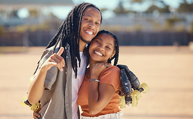 Image showing Roller skater, love and happy couple in summer enjoy living a healthy, wellness active lifestyle together. Smile, girl and gen z boy bonding outdoors for fun a skating activity on a weekend trip