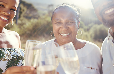 Image showing Black family with a glass of wine in nature giving a toast to celebrate in the countryside. Portrait of happy African people drinking luxury champagne at a party event on a sustainable farm together.