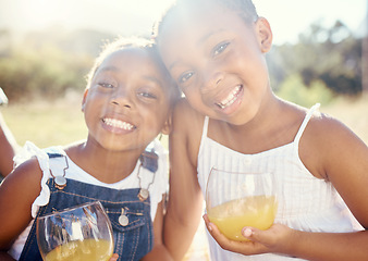 Image showing Juice, vitamin c and happy children on picnic in summer or portrait in green park, garden or outdoor holiday vacation. Youth, wellness and happy kids drinking healthy fruit drink lens flare and smile