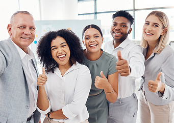 Image showing Happy business people or team with thumbs up at office for success, diversity and solidarity at company office. Global or international startup group, corporate staff or management in unity and trust