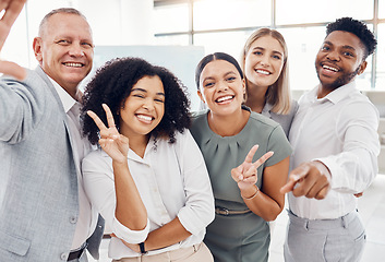 Image showing Team building, selfie and happy business people at work enjoy bonding and taking a picture together to post it. Diversity, smile and excited friends having fun in the office after a marketing meeting