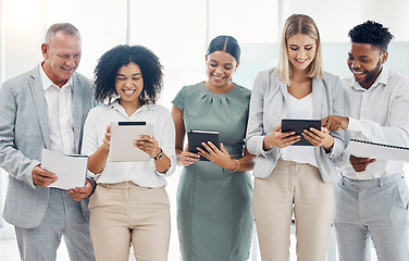 Image showing Digital, tablet and comic social media web scroll of office team talking a online break together. Diversity of tech staff employees happy and laughing with a smile using wifi internet and technology