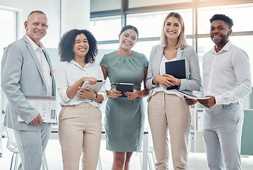 Image showing Business corporate teamwork portrait, happy agency and successful collaboration, smile and motivation company staff in modern office. Diversity people, proud professionals vision and unity together